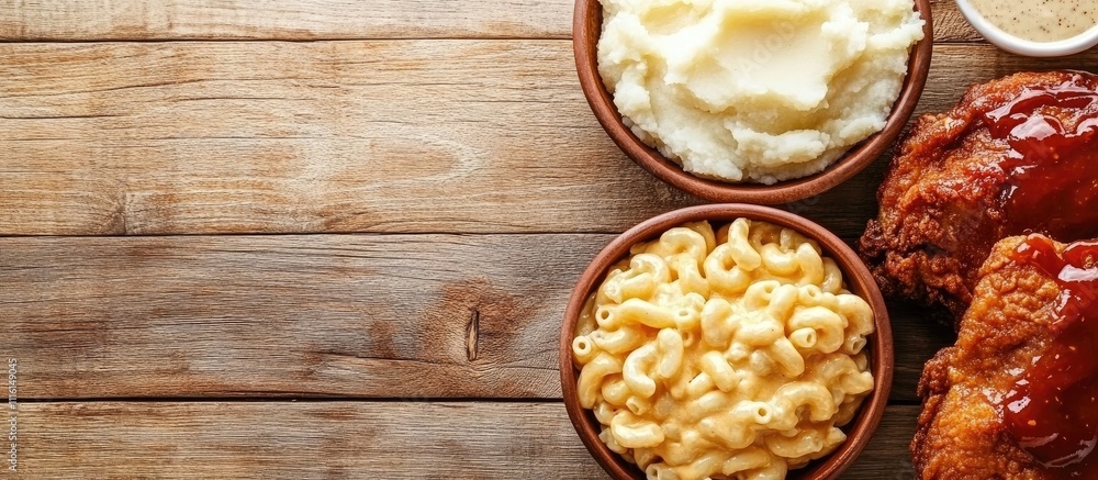 Poster fried chicken with mashed potatoes and macaroni cheese served in bowls on a rustic wooden table with