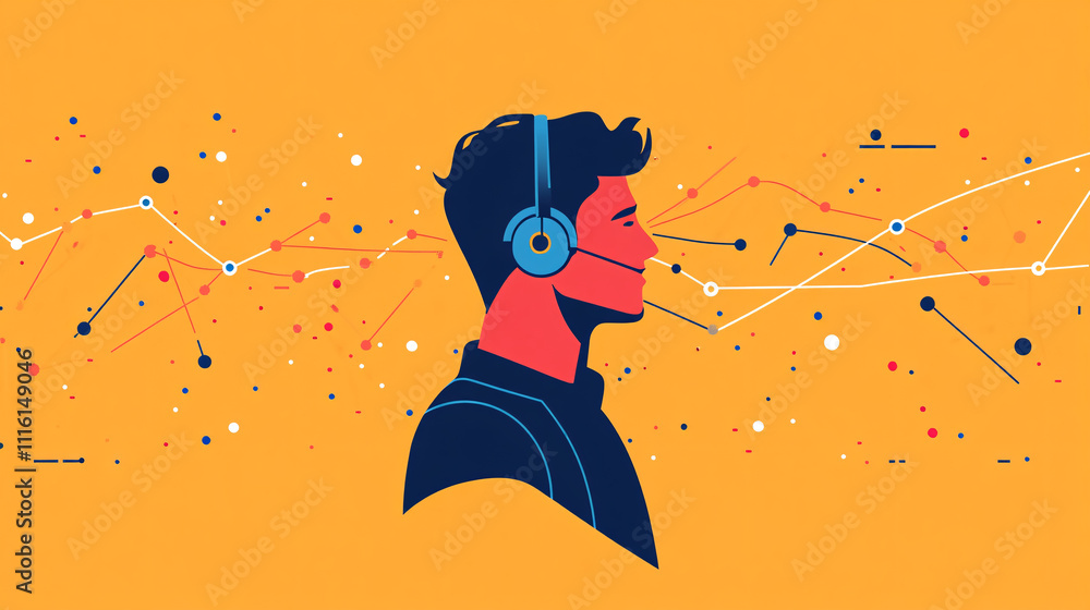 Poster a flat design of a man with a headset, looking at a screen with lines representing data, in a minima