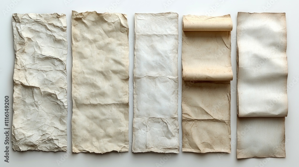 Poster crumpled and unfolded sheets of recycled paper arranged on a white background, displaying varied tex