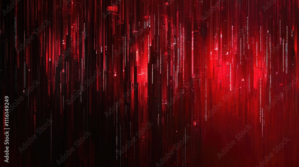 Poster abstract digital coding lines on a dark metallic background with vibrant red highlights representing
