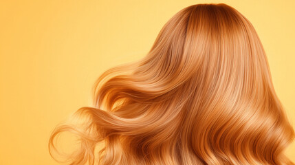 Fototapeta premium Stunning woman in profile with long, glossy, wavy hair, showcasing a beautiful curly hairstyle. Fashion, beauty, and makeup model.