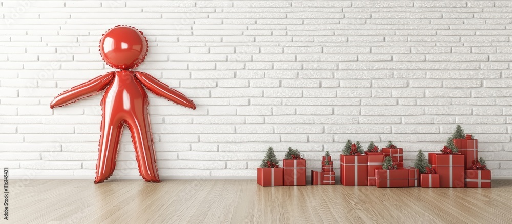 Aufkleber balloons in the shape of a figure and a christmas tree with presents against a white brick wall in a