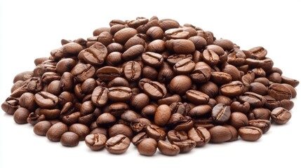 Coffee beans spread out beside a coffee cup, isolated on a clean white backdrop, highlighting the rich brown texture and glossy surface of the beans, food photography, coffee culture, product presenta