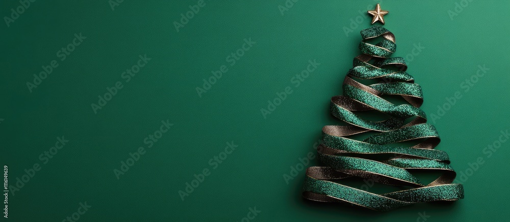 Poster christmas tree made from ribbon makeup and cosmetics on a green background with ample space for text