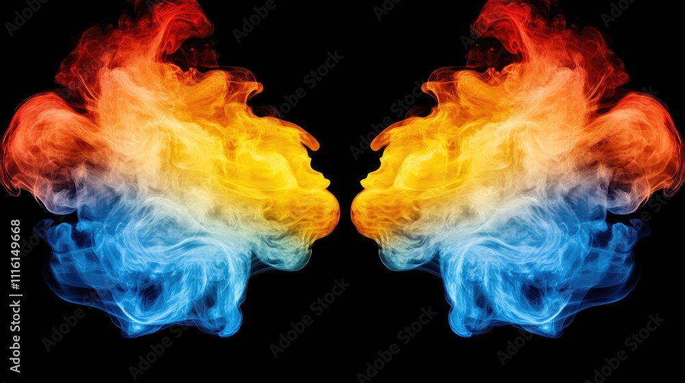 Poster colorful abstract smoke patterns in vibrant orange and blue against a black background creating a st