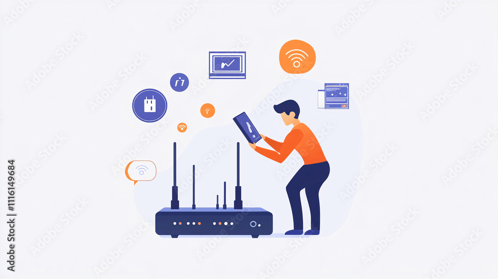 Poster a flat design of an it support person adjusting a router, with a clean, minimalist tech background a