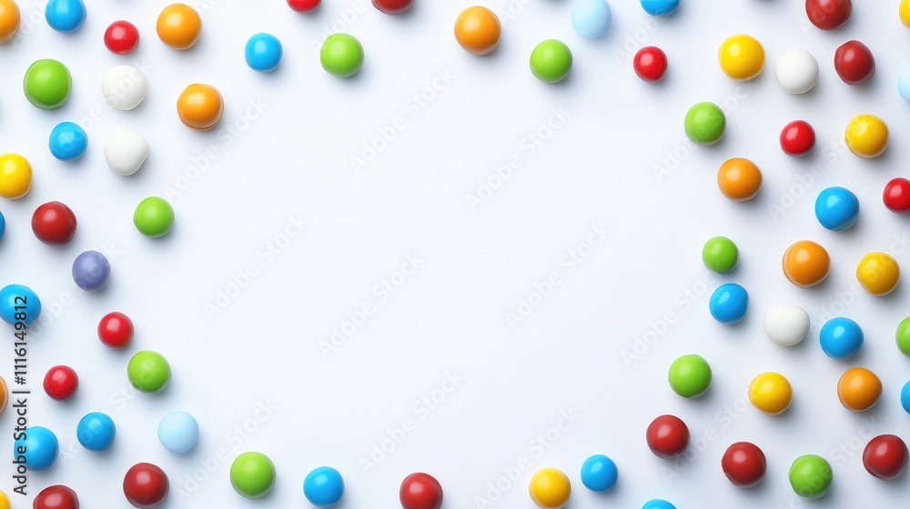 Poster colorful candies organized in a circular pattern on a clean white background creating a cheerful and