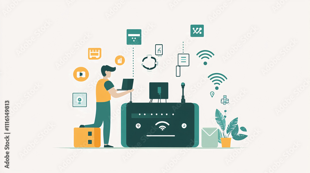 Poster a flat design of an it support person adjusting a router, with a clean, minimalist tech background a