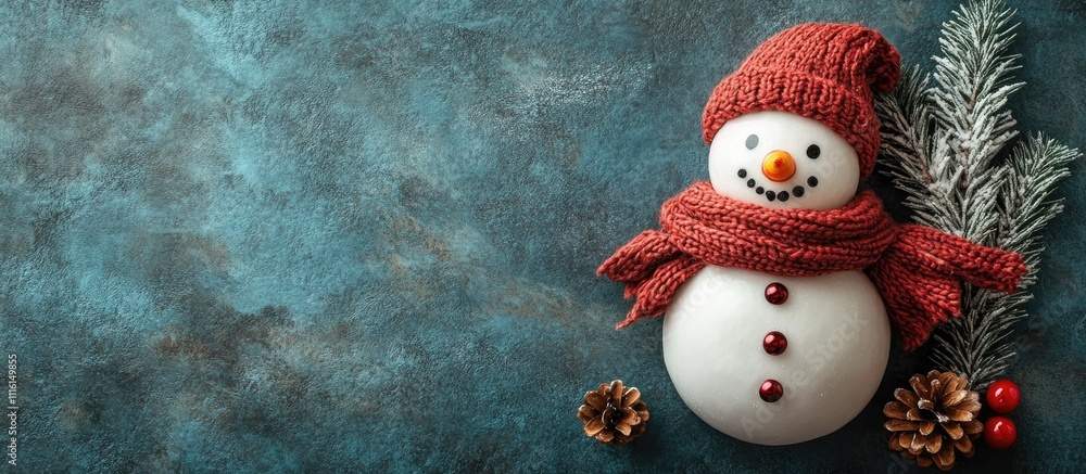 Poster christmas snowman decoration with fir tree branch and festive elements on textured background for ho