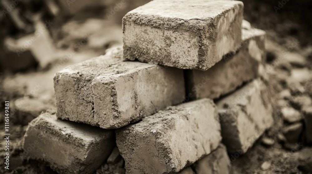 Poster cement bricks stacked on a construction site showcasing texture and durability for building projects