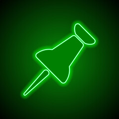 Pin simple icon vector. Flat design. Green neon on black background with green light