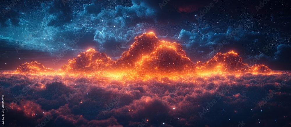 Poster Digital Cloud Data Storage Concept with Colorful Clouds and Cosmic Elements Representing Backup Solutions and Network Connectivity