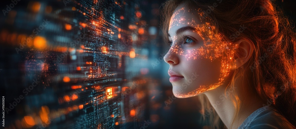 Fototapete AI Businesswoman Engaged in Data Analysis with Digital Brain Visuals and Cutting-edge Machine Learning Technology