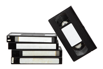 Pile of VHS video cassettes. Vintage media. Isolate on a white back.