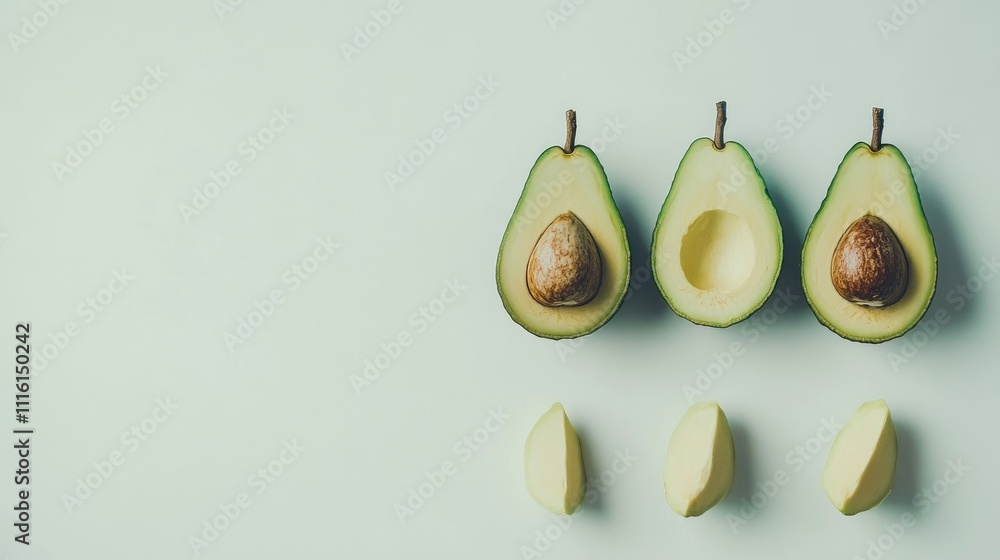 Aufkleber fresh hass avocados cut in half with pits and slices arranged on a pale green background creating a 