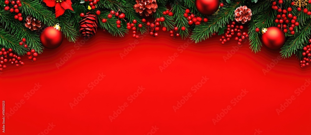 Poster festive christmas background with decorated spruce branches and ample copy space for holiday message