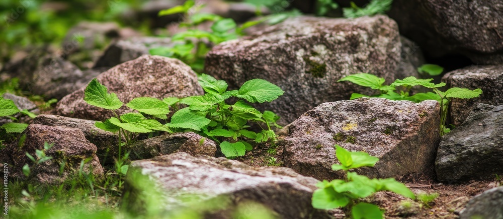 Poster natural stone formation with greenery and plants accentuating the rugged texture and appearance of l