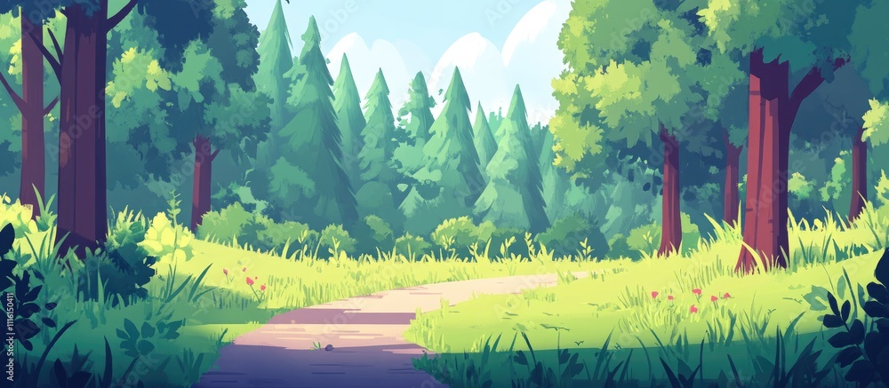 Poster trail through vibrant green forest with tall trees and lush vegetation under a clear blue sky repres