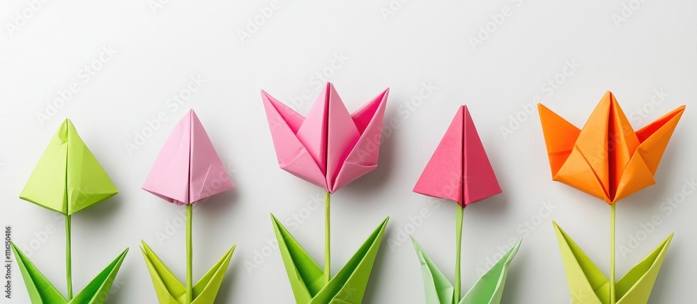 Poster Colorful origami tulip paper flowers arranged neatly with blank space for personalized messages or creative writing background