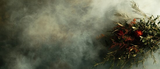 Elegant wedding bouquet with foggy gray background creating a romantic and dreamy atmosphere for bridal photography and floral arrangements.