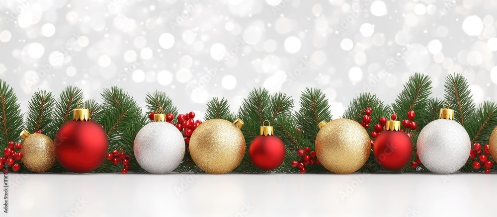 Poster Christmas ornaments and greenery arrangement on a festive background with soft bokeh lights creating a cheerful holiday atmosphere