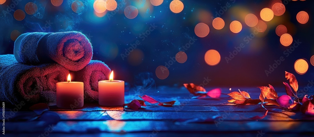 Poster relaxing spa essentials with candles and towels set against a tranquil bokeh background for a soothi