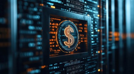 Obraz premium Digital vault filled with US dollars and financial data, with a glowing Federal Reserve seal floating inside