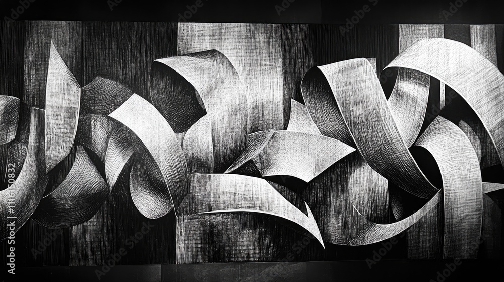 Poster monochromatic abstract art featuring intertwined ribbons and textures in black and white design