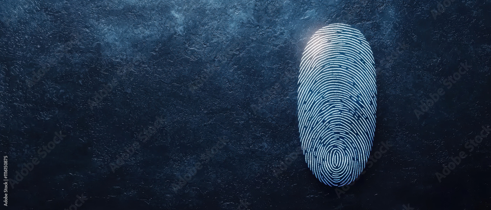 Poster a close-up image of a fingerprint on a textured dark surface, highlighting unique ridge patterns in 