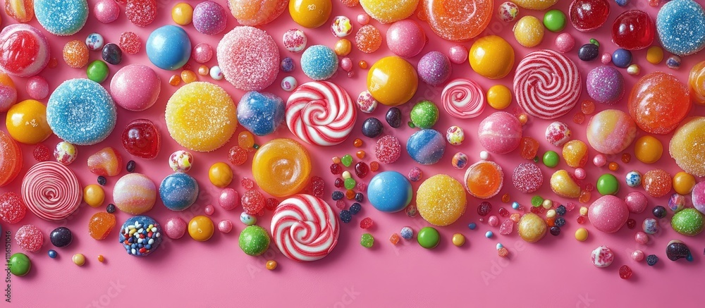 Poster colorful assortment of candies and lollipops spread on a pink background creating a vibrant and play
