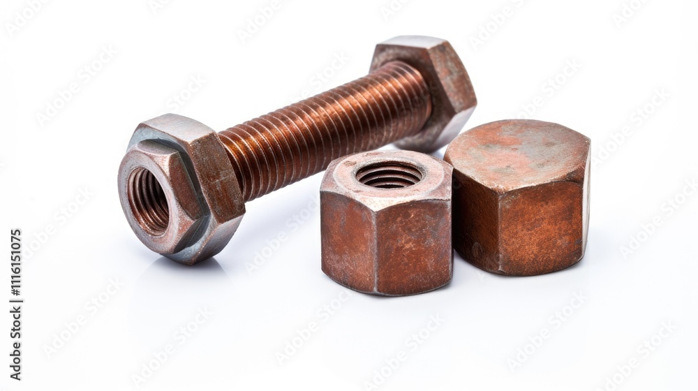 Poster rusty nut and bolt with metallic finish on white background showcasing industrial hardware and engin