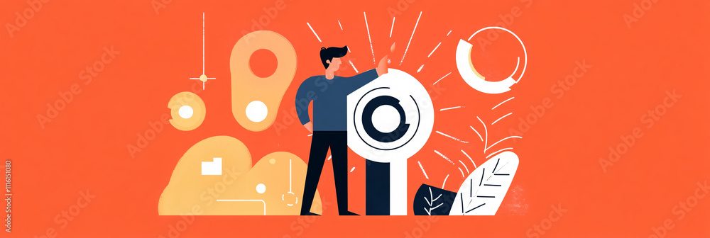 Poster a flat vector of a man adjusting a large power icon, with clean lines symbolizing system reboots and