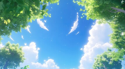 Vibrant blue sky framed by lush green trees and fluffy clouds creating a serene natural landscape scene