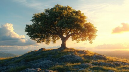 Fototapeta premium Lone tree on a rocky hilltop during sunset, surrounded by grassy land and dramatic clouds, evoking a sense of solitude and natural beauty, landscape, nature, tranquility.
