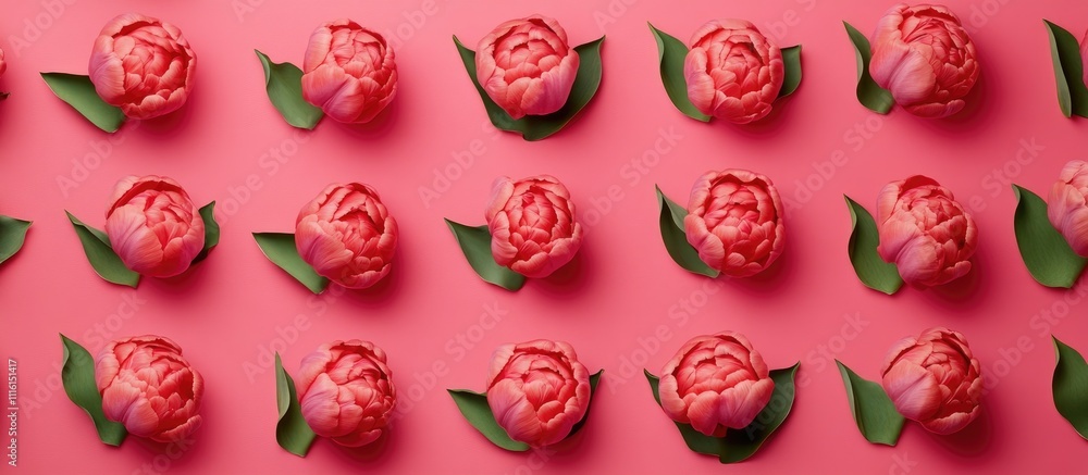 Poster Pink peony flowers arranged harmoniously on a vibrant pink background creating a stylish flatlay with space for text or branding