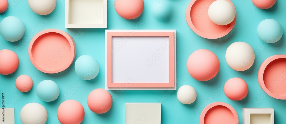 Aufkleber Minimalist geometric flat lay with coral and turquoise accents featuring a blank picture frame surrounded by colorful shapes and spheres