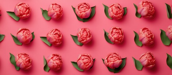 Pink peony flowers arranged harmoniously on a vibrant pink background creating a stylish flatlay with space for text or branding