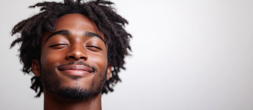 Joyful young man with closed eyes and a content smile against a minimalist white background capturing happiness and positivity