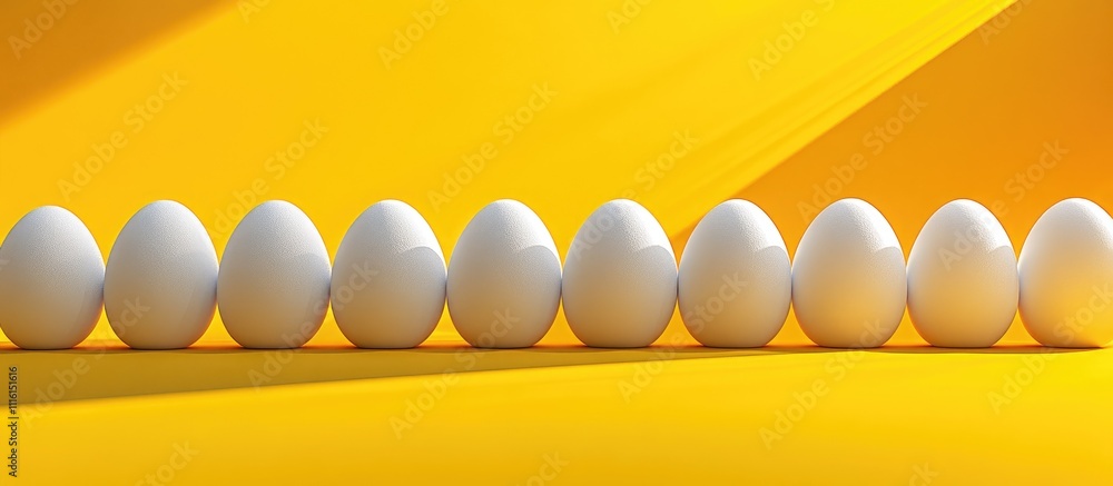 Poster white eggs in a line against a vibrant yellow background showcasing simplicity and freshness in a br