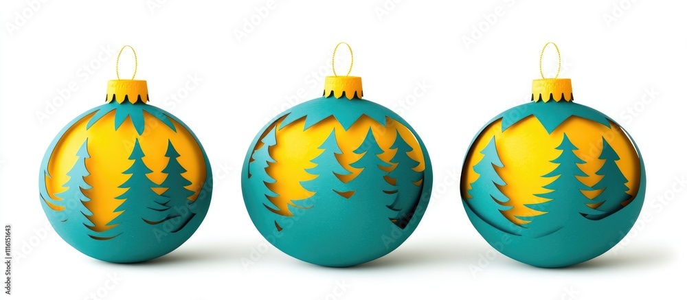 Poster christmas ball ornaments featuring intricate paper cutouts of trees on a white background creating a