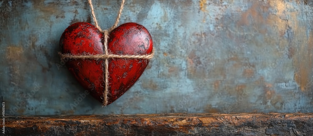 Poster red heart tied with twine against a textured grey rustic background symbolizing love and connection