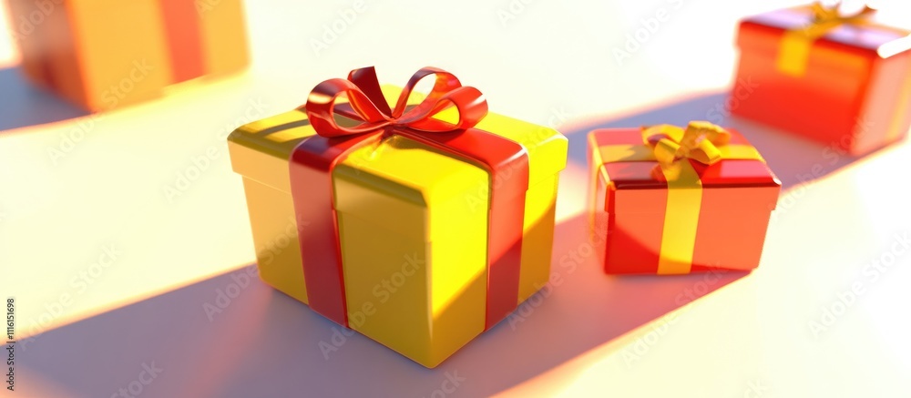 Poster Colorful gift boxes showcasing vibrant designs and soft shadows on a white background with shallow depth of field creating a festive atmosphere