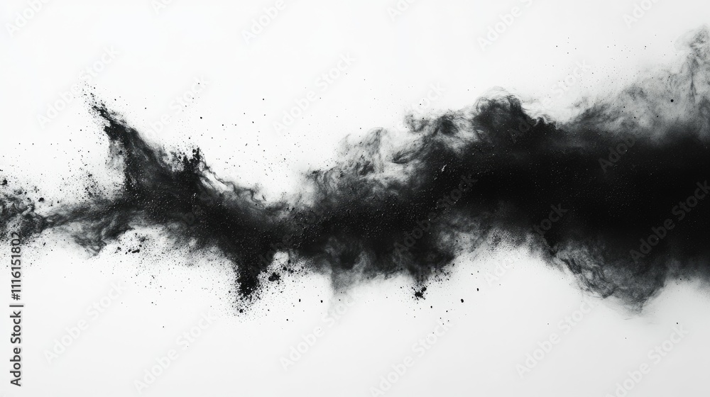 Poster abstract black powder explosion creating a dynamic scatter of black dust and charcoal particles agai