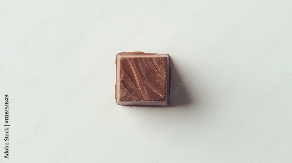 Poster close-up of a single slice of chocolate resting on a minimalist white background showcasing its text