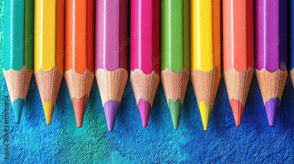 Poster Vibrant colored pencils arranged in a row on a textured background symbolizing creativity and artistic expression