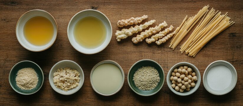 Ingredients for homemade pasta laid out on a rustic wooden table with bowls of oils and grains alongside breadsticks and gressini.