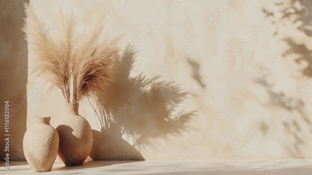 Poster dried grass arrangement in textured vases casting soft shadows on a light background for a serene de