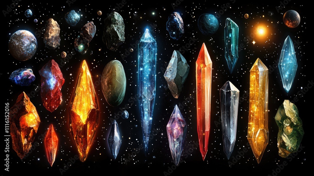 Poster collection of celestial bodies including meteorites asteroids comets and crystals set against a cosm