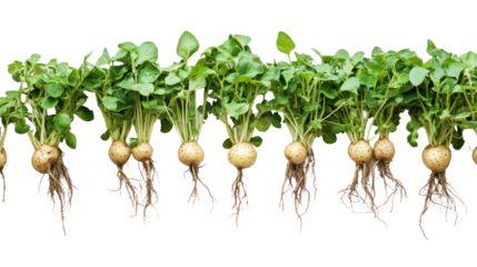 A row of radishes with green leaves, showcasing their roots and bulbs, highlighting the connection between soil and edible plants.