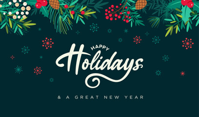 Happy Holidays Christmas banner, card, winter frame border, vector illustration with Holiday calligraphy text, hand drawn modern simple style mistletoe, 
snowflakes, holly leaves, cliparts